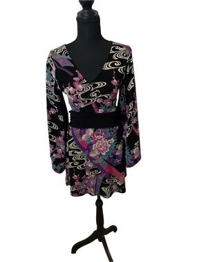Long-Sleeve Black Floral faux Wrap Dress with Purple Accents